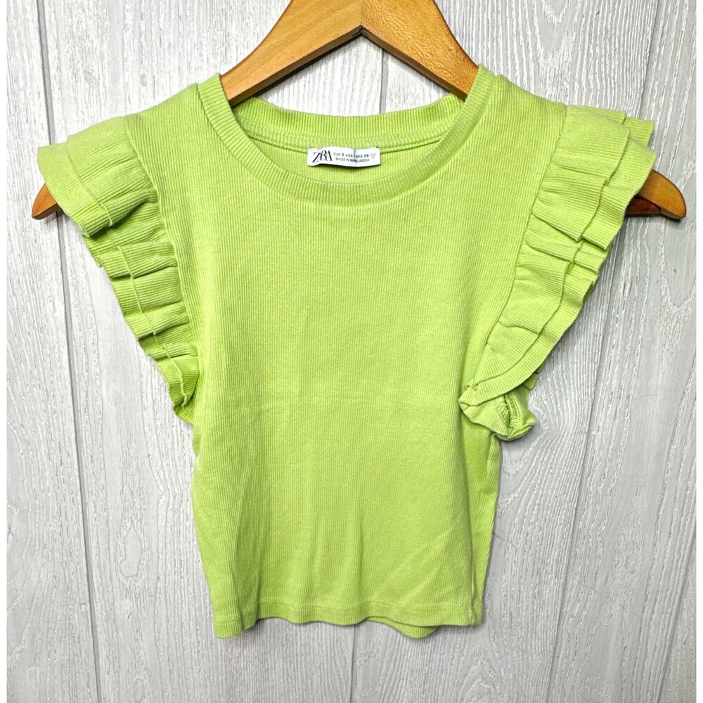 Zara Green Knit Ruffle Flutter Sleeve Crew Neck Pullover Top, Size S